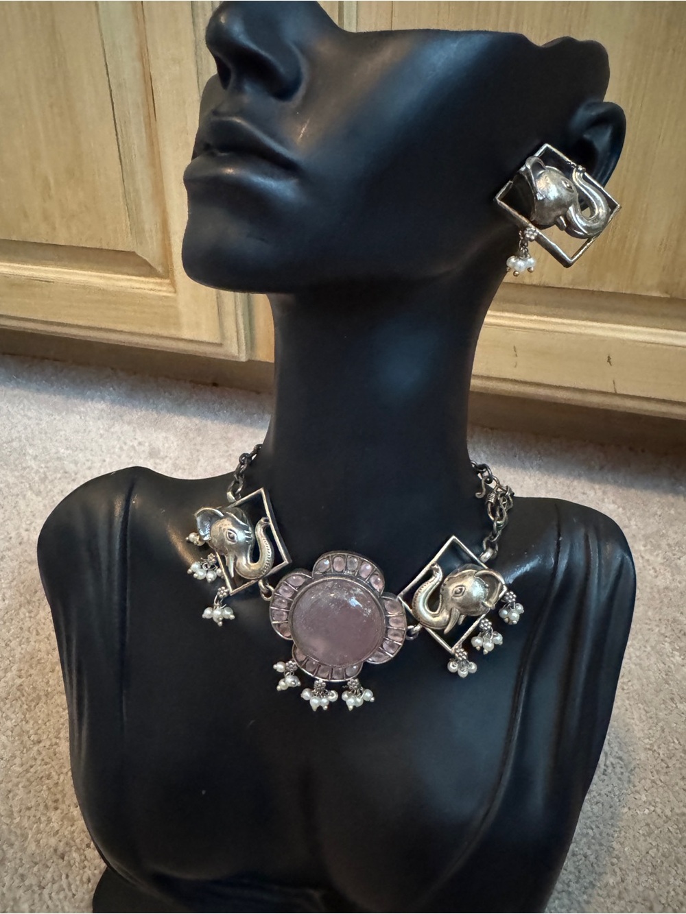 Silver-Tone Elephant Medallion Necklace with Pink Center